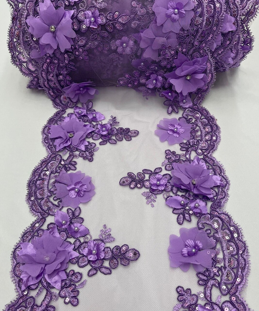 Lilac 3D Wide Floral Sequin & Mesh with Pearls Lace Trim for Table Runner 22"
